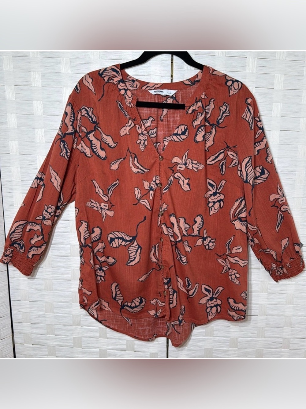 Sonoma Terracotta/Blue/Peach Floral Boho Long Sleeve Button Down Top Size Large‎
